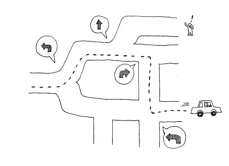 A black-and-white illustration of a car navigating a road and reaching one of its exits. A person is standing surprised and waves at another exit.