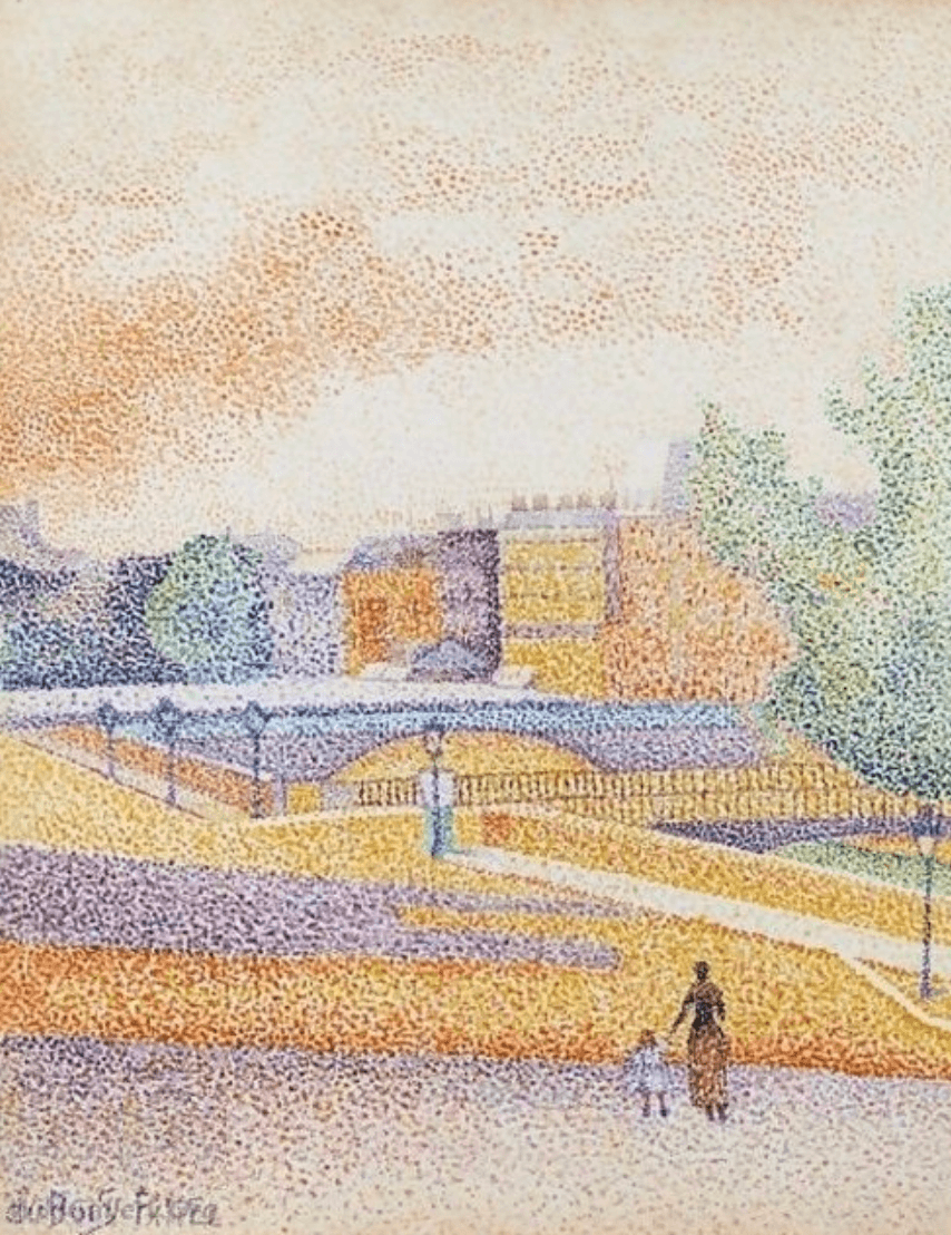Painting of a Paris park that is constructed out of millions of dots.