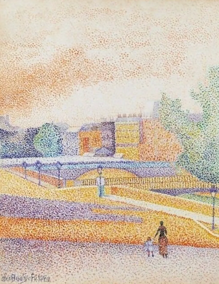 Painting of a Paris park that is constructed out of millions of dots.