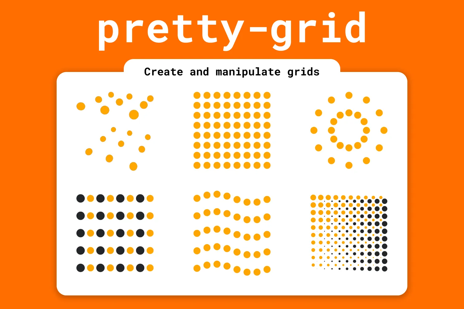 Six examples showing different grid structures created with the pretty-grid library