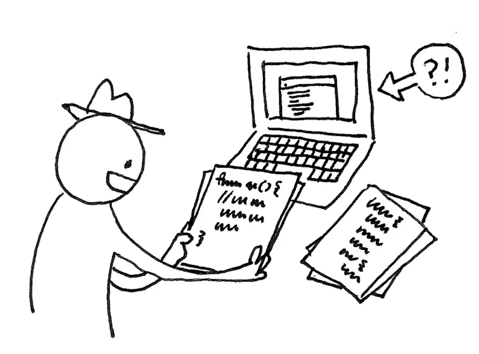 A black-and-white cartoon illustration of a person reviewing code printed on sheets of paper.