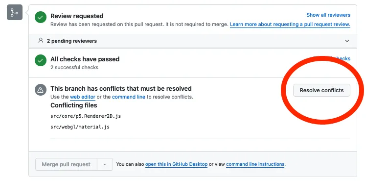 A screenshot of a GitHub pull request with merge conflicts. The conflicting filenames are listed, and there is a "Resolve conflicts" button highlighted.