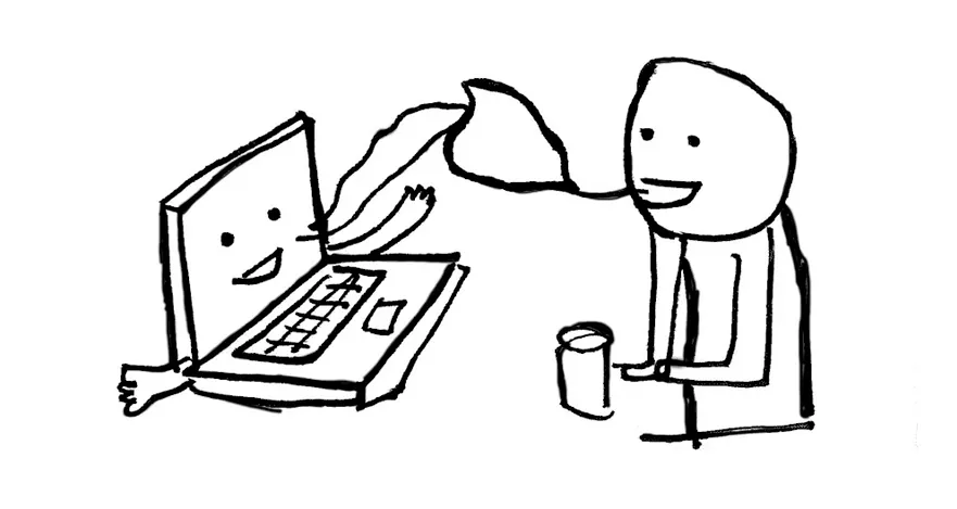 A black-and-white illustration of a person having a casual conversation with a human-like computer with arms, hands and a face.