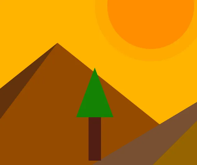 A portion of the sunrise animation showing the sun, mountains, and a tree. The tree has a rectangular brown base and a triangular green top.