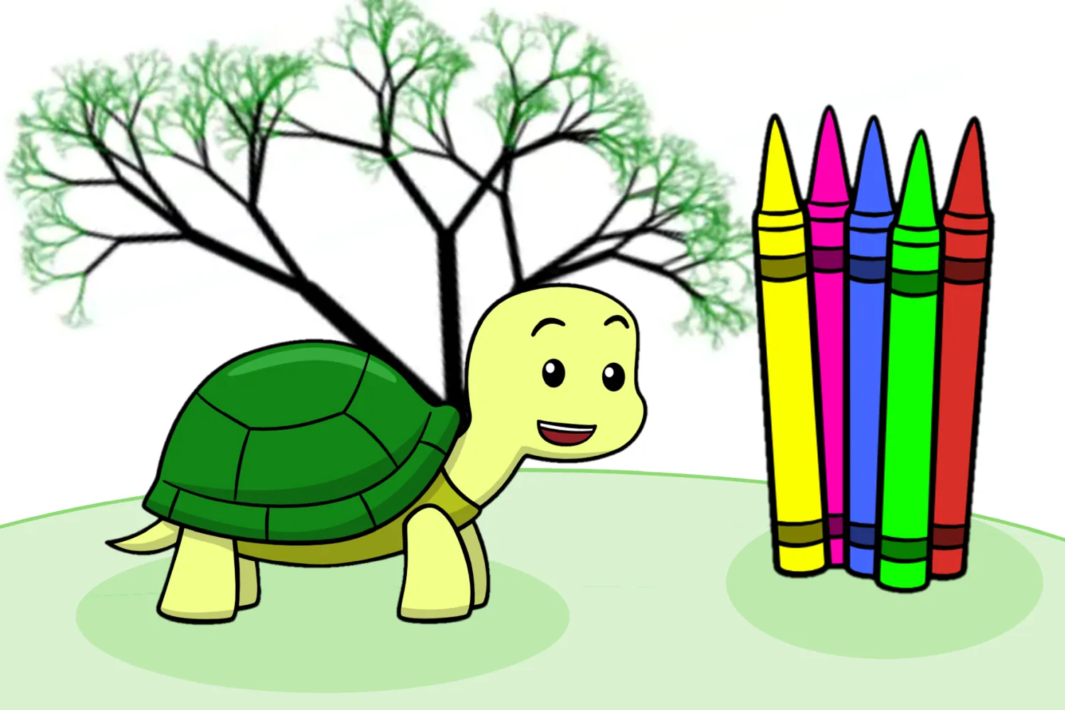 A turtle and crayons shown above a fractal generated tree