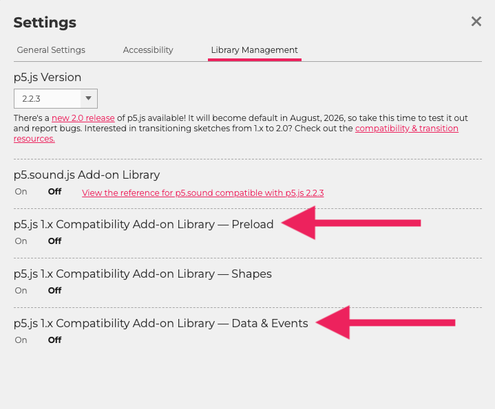 A screenshot of the library management tab in the p5.js Editor, where a user can toggle add-on libraries for 1.x compatibility.