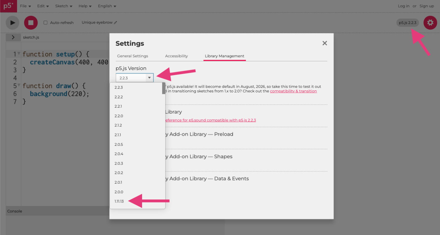 Screenshot of the p5.js Web Editor version picker showing a list of versions.