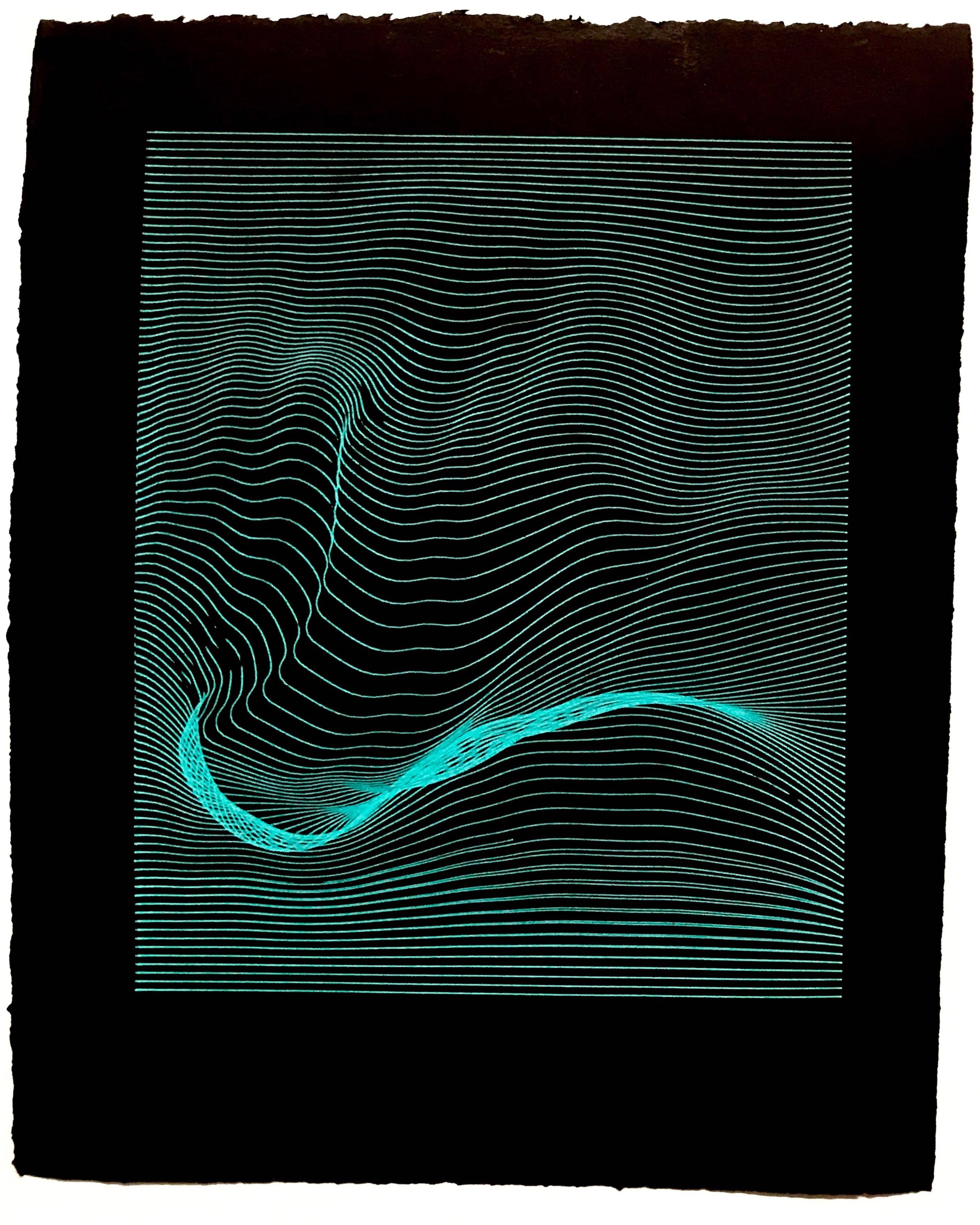 A drawing of a sine wave lerp plotted on black paper with an AxiDraw V3 and a turquoise gel pen.