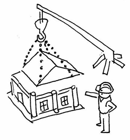 Illustration of an engineer lowering a roof onto a house.