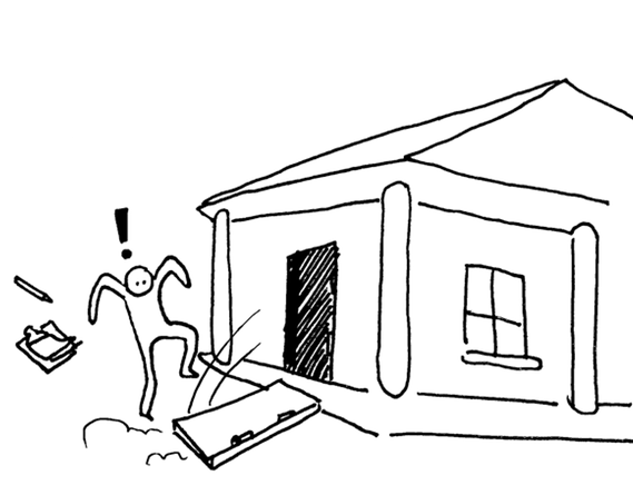 Illustration of a person being surprised when the door to a house falls to the ground.