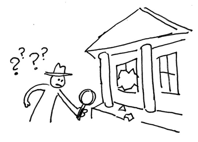 Illustration of a detective with a magnifying glass examining the house.