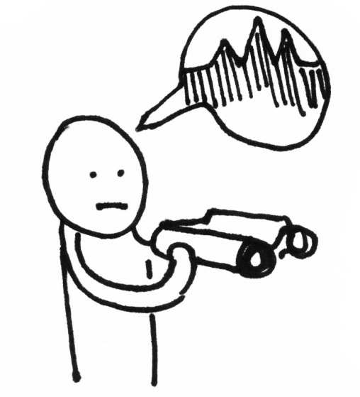 Illustration of a person with binoculars, with a speech bubble above their containing a fluctuating chart line.