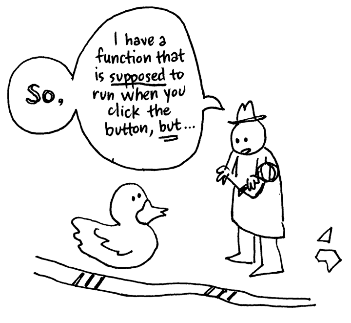 Illustration of a person verbalizing their programming issue to a rubber duck.