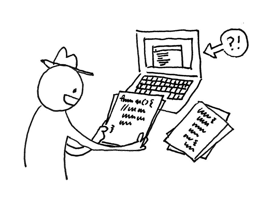 Illustration of a person reviewing code printed on sheets of paper.