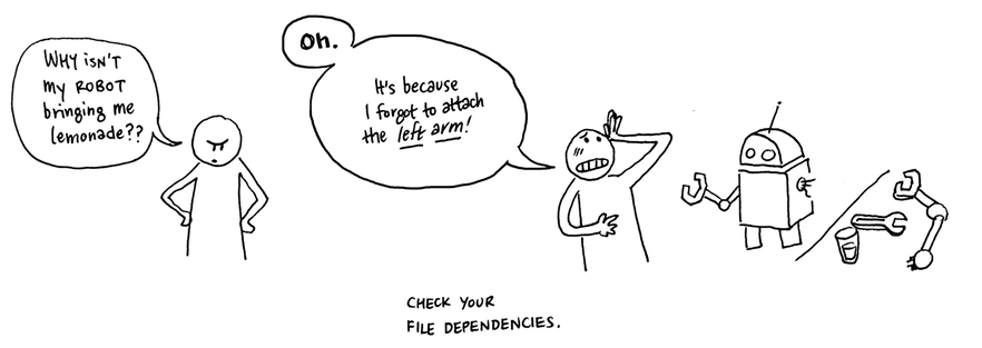 Two-panel comic strip. First panel contains a person saying, 'Why isn't my robot bringing me lemonade?' Second panel contains a person and a robot, the perseon saying, 'Oh. It's because I forgot to attach the left arm!' Text beneath the comic strip saying 'check your file dependencies.'