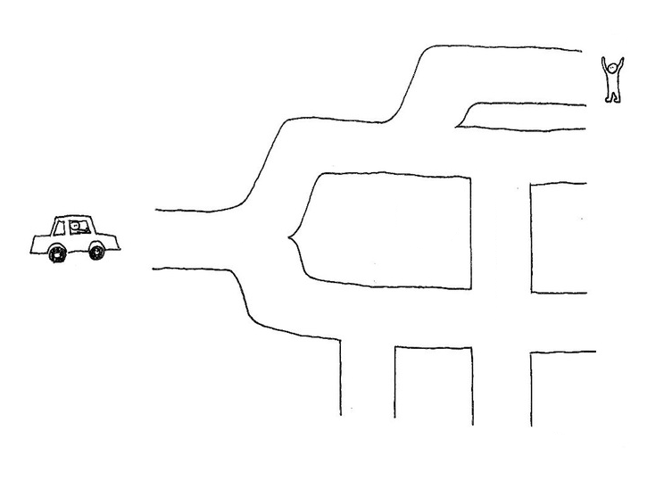 Illustration of a car facing a road, with one person at one of the road's exits.