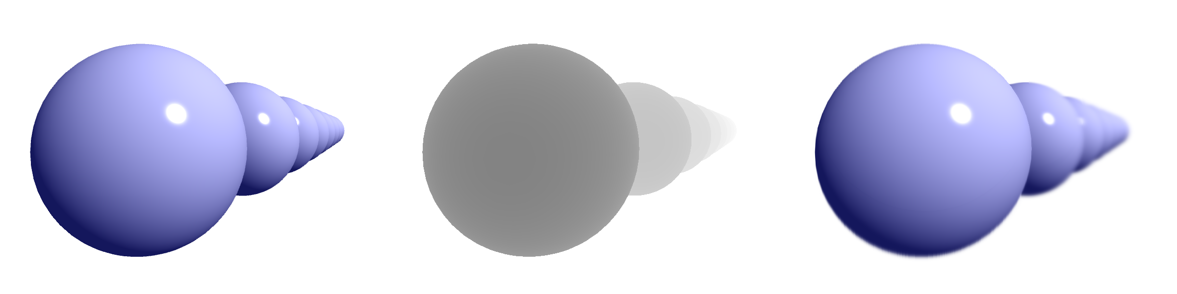 a line of spheres going off into the distance, showing first the color of the image, then a visualization of its depth, and then a version rendered with focal blur using both prior images