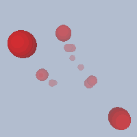A number of red spheres moving around in a foggy space, fading to grey as they get further away